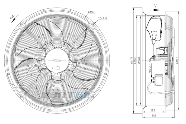 Габаритные размеры KEMAO ODS990C-170B5.6D.V-03B 4.0 кВт осевой AC