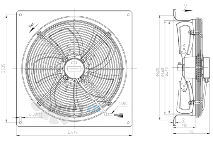 Габаритные размеры KEMAO TFE460-60B5.4D.V-01B 0.12 кВт осевой AC