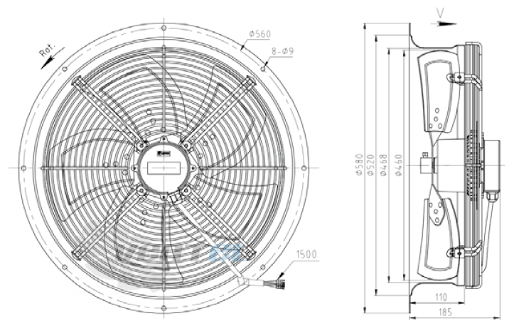 Габаритные размеры KEMAO TFE460-60B5.4D.V-03B 0.12 кВт осевой AC