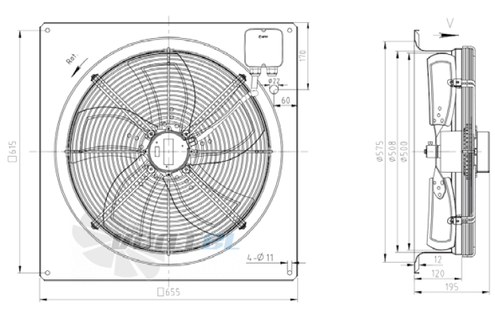 Габаритные размеры KEMAO TFE500-75B5.4D.V-01B 0.25 кВт осевой AC