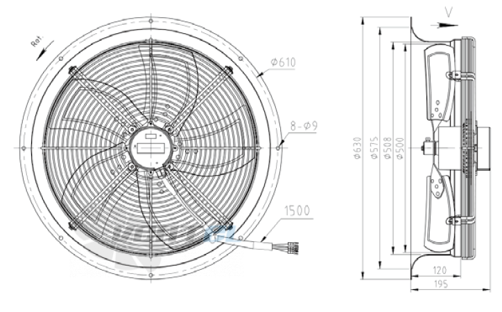 Габаритные размеры KEMAO TFE500-75B5.4D.V-03B 0.25 кВт осевой AC