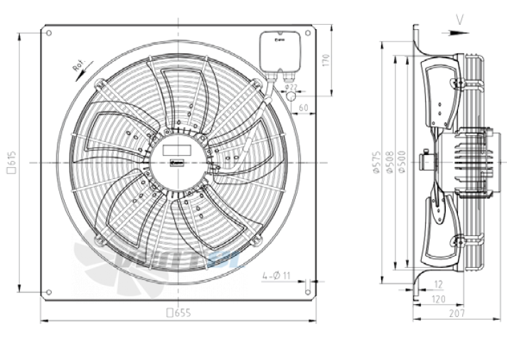 Габаритные размеры KEMAO TFE500-85B5.4D.V-01B 0.55 кВт осевой AC