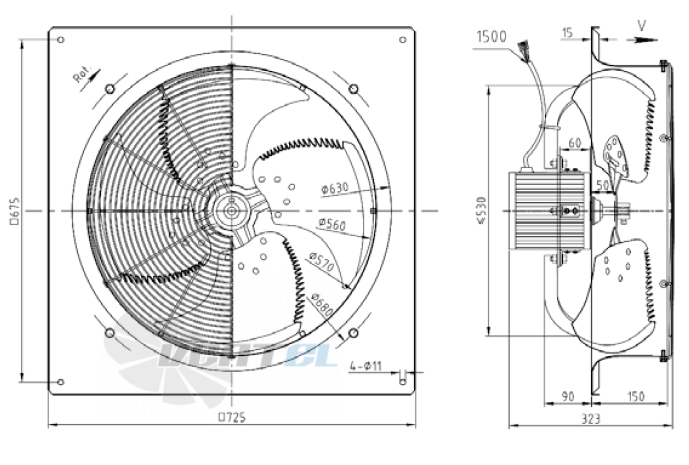 Габаритные размеры KEMAO ODS560C-165B4.6D.V-01 0.37 кВт осевой AC