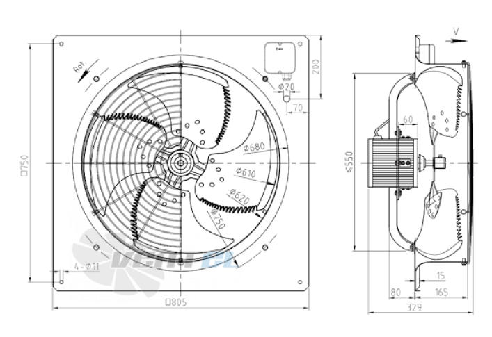 Габаритные размеры KEMAO ODS610C-150B4.6D.V-01 0.25 кВт осевой AC