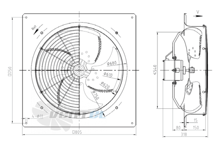 Габаритные размеры KEMAO ODS610C-150B4.6E.V-01 0.20 кВт осевой AC