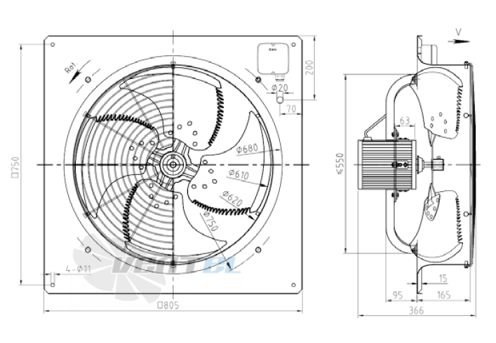 Габаритные размеры KEMAO ODS610C-165B4.6D.V-01 0.37 кВт осевой AC
