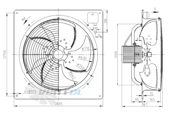 Габаритные размеры KEMAO ODS630C-165B4.6D.V-01 0.55 кВт осевой AC