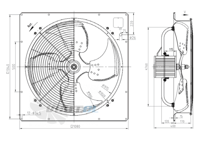 Габаритные размеры KEMAO ODS900C-165B4.6D.V-01 2.2 кВт осевой AC