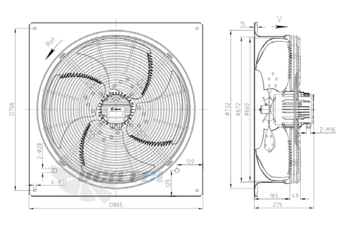 Габаритные размеры KEMAO ODS660C-150B4.EC.V-01BZ 0.55 кВт осевой EC