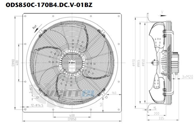 Габаритные размеры KEMAO ODS850C-170B4.DC.V-01BZ 1.5 кВт осевой EC