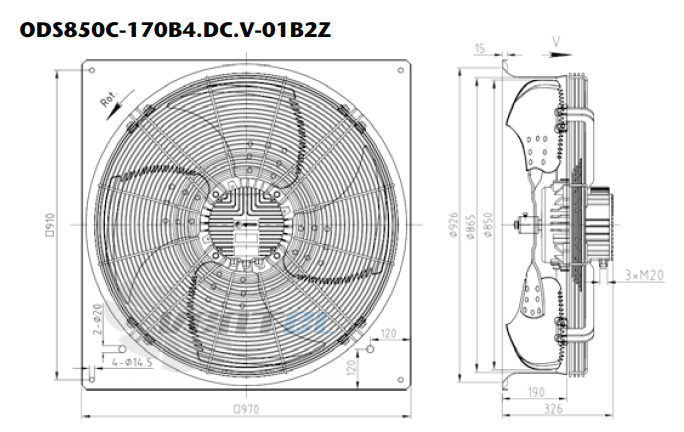 Габаритные размеры KEMAO ODS850C-170B4.DC.V-01B2Z 1.5 кВт осевой EC