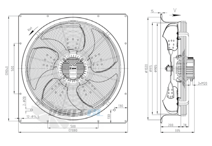Габаритные размеры KEMAO ODS900C-180B5.DC.V-01BZ 2.2 кВт осевой EC