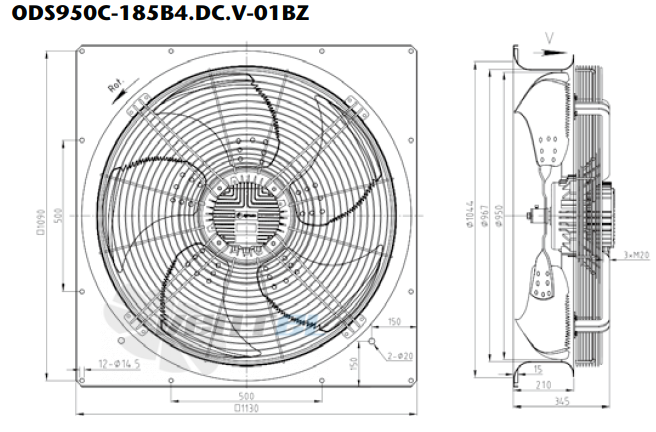 Габаритные размеры KEMAO ODS950C-185B4.DC.V-01BZ 2.2 кВт осевой EC