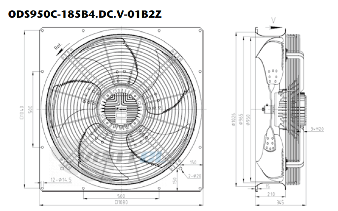 Габаритные размеры KEMAO ODS950C-185B4.DC.V-01B2Z 2.2 кВт осевой EC
