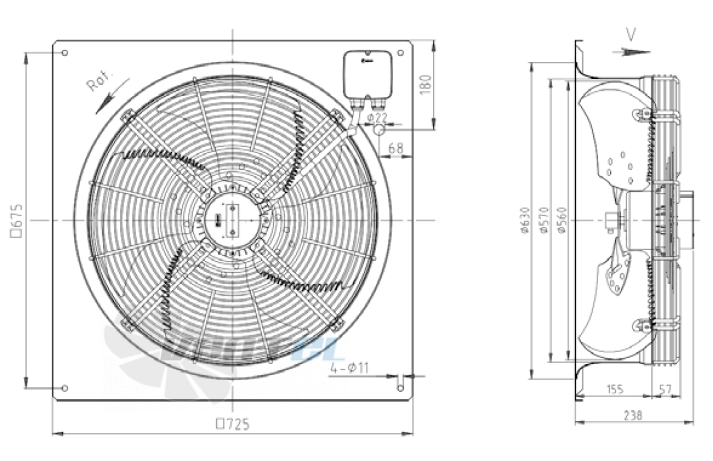 Габаритные размеры KEMAO ODS560C-165B4.EC.V-01B 0.37 кВт осевой EC