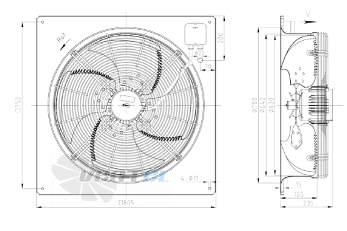 Габаритные размеры KEMAO ODS630C-165B4.EC.V-01B 0.55 кВт осевой EC