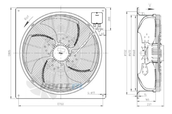 Габаритные размеры KEMAO ODS660C-165B4.EC.V-01B 0.55 кВт осевой EC