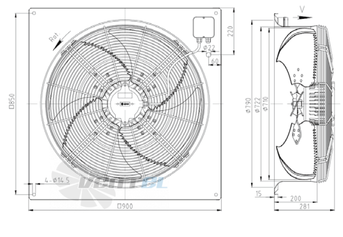 Габаритные размеры KEMAO ODS710C-190B4.EC.V-01B 0.75 кВт осевой EC