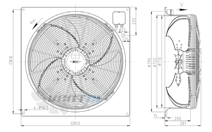 Габаритные размеры KEMAO ODS710C-190B4.EC.V-01B2 0.75 кВт осевой EC