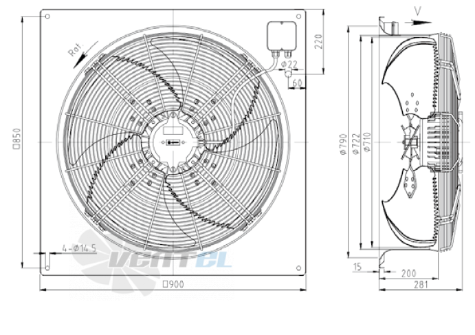 Габаритные размеры KEMAO ODS710C-215B4.EC.V-01B 0.75 кВт осевой EC