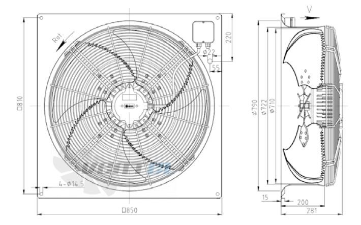 Габаритные размеры KEMAO ODS710C-215B4.EC.V-01B2 0.75 кВт осевой EC