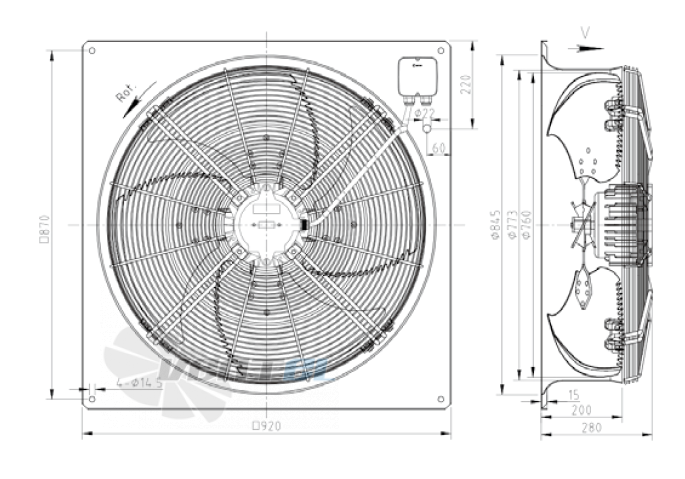 Габаритные размеры KEMAO ODS760C-190B4.EC.V-01B 1.1 кВт осевой EC