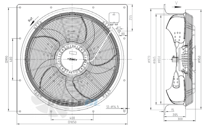 Габаритные размеры KEMAO ODS850C-160B5.DC.V-01B2 1.8 кВт осевой EC