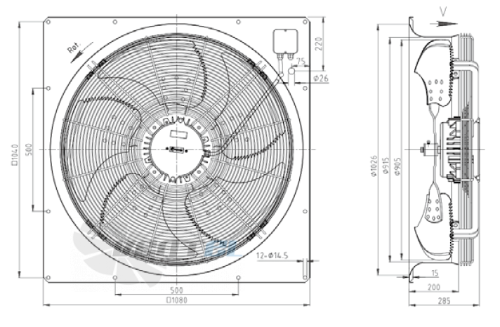 Габаритные размеры KEMAO ODS900C-160B5.DC.V-01B 2.2 кВт осевой EC