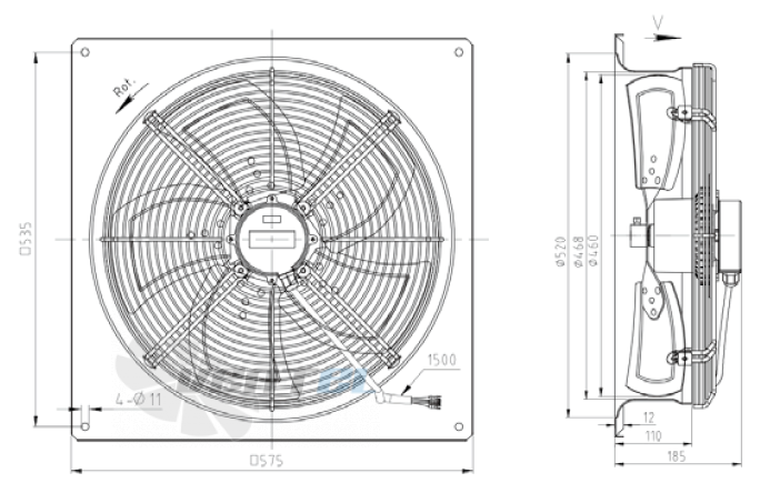 Габаритные размеры KEMAO TFE460-85B5.EC.V-01B 0.37 кВт осевой EC