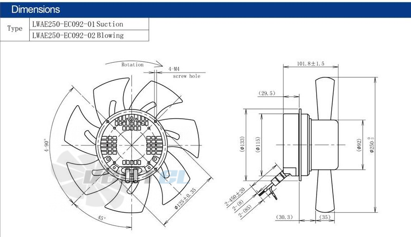 Размеры Longwell LWAE250-EC092-01