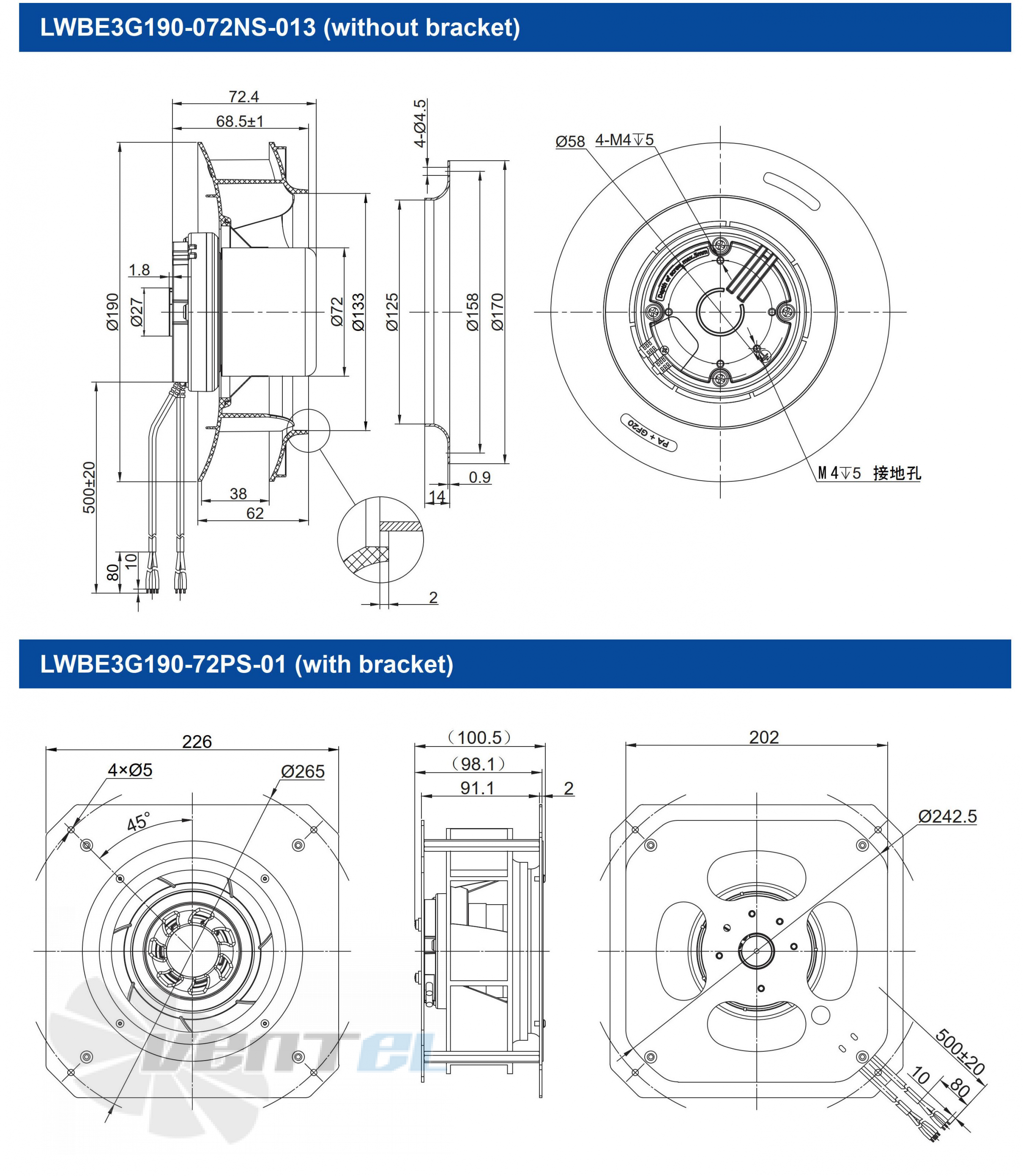 Размеры Longwell LWBE3G190-72PS-01 EC PLUG FANS