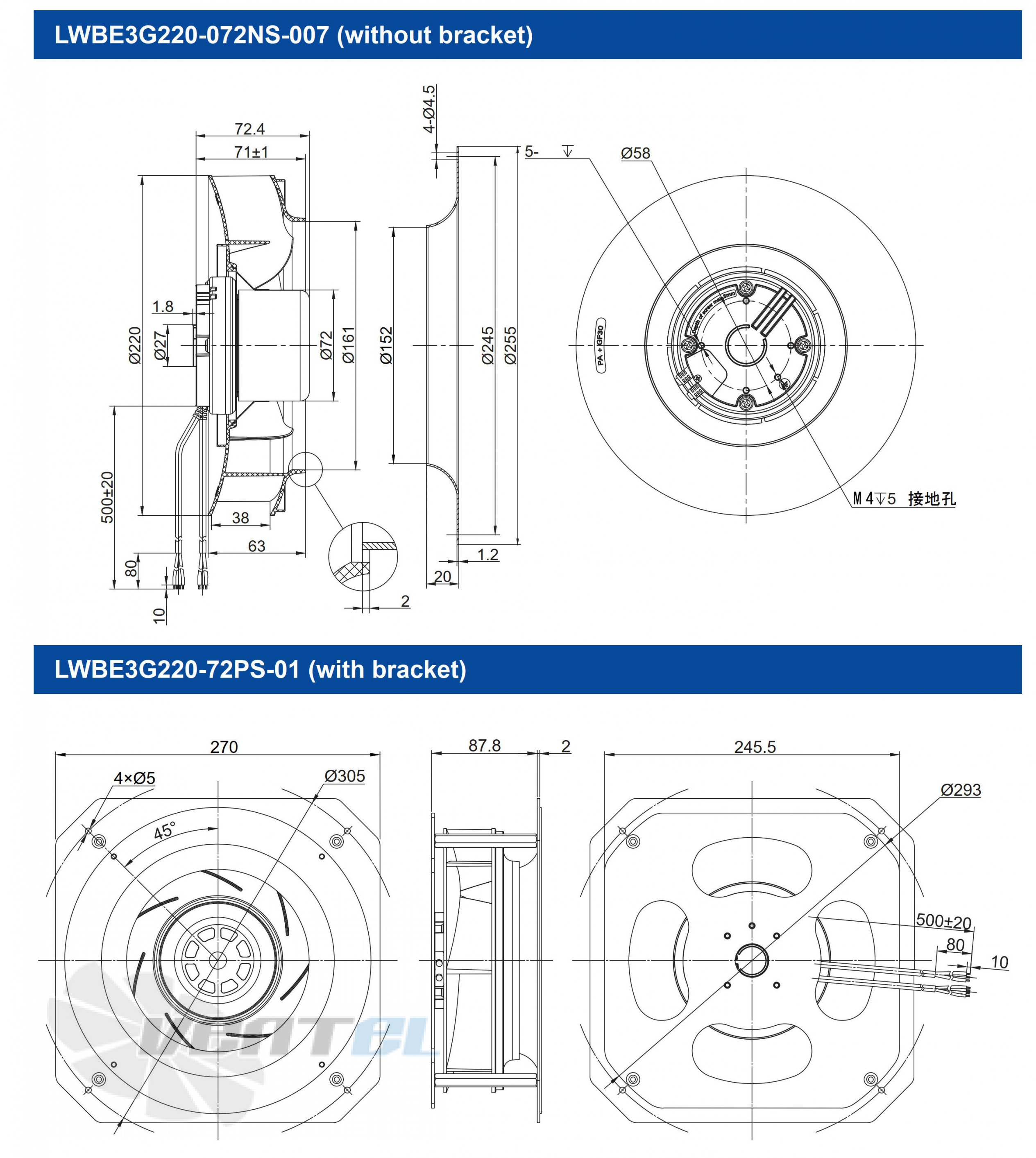Размеры Longwell LWBE3G220-72PS-01 EC PLUG FANS