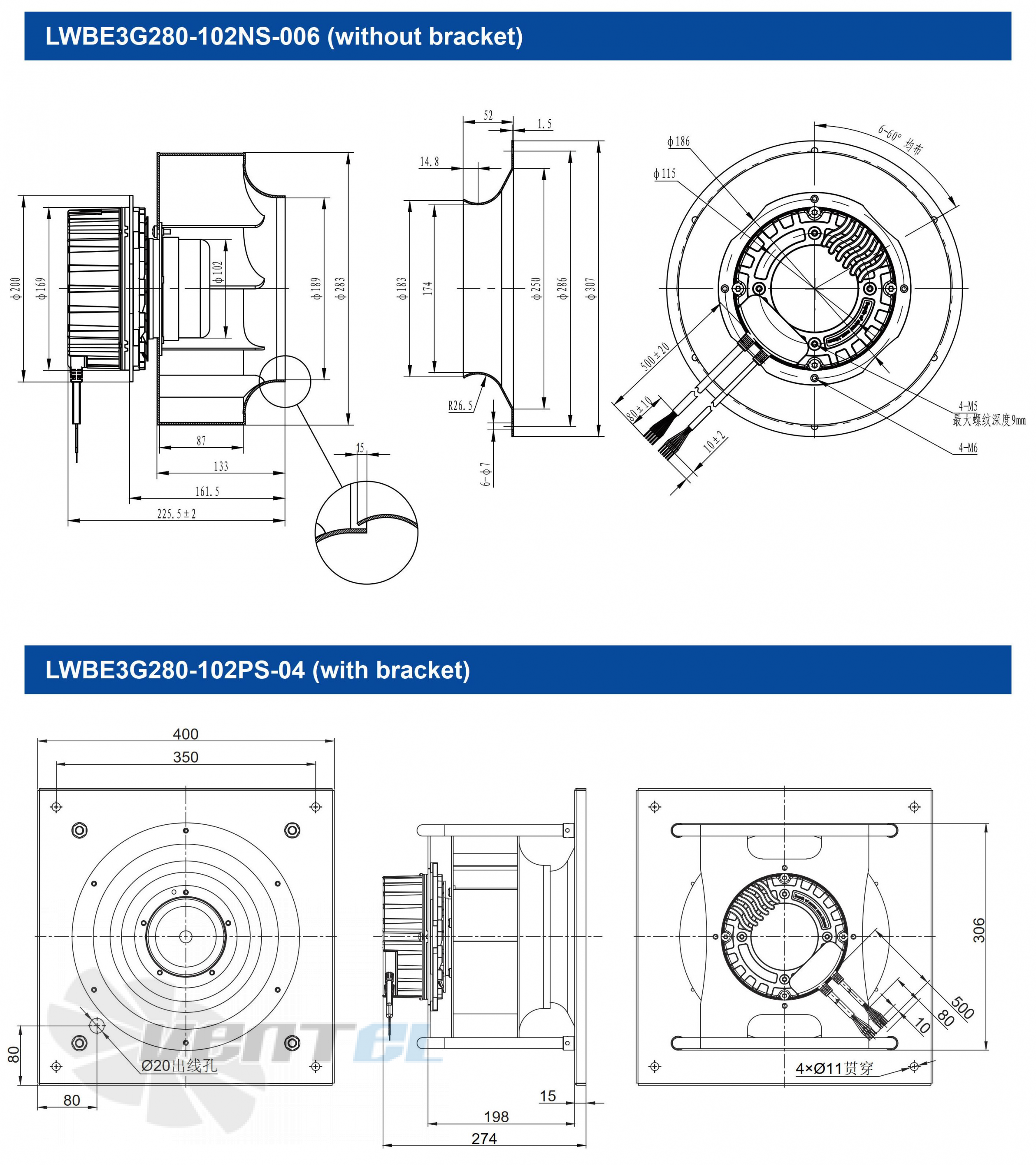 Размеры Longwell LWBE3G280-102PS-04 EC PLUG FANS