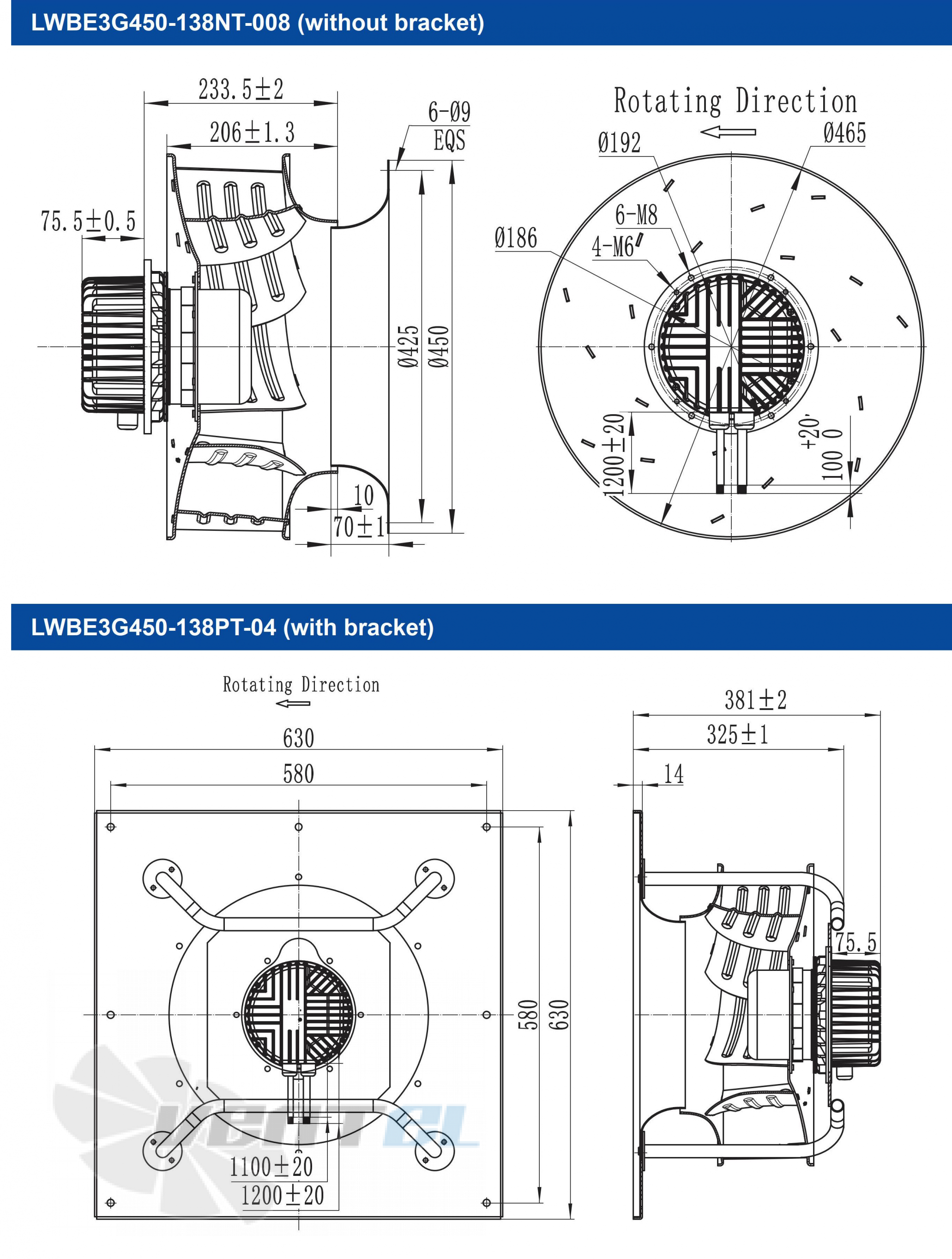 Размеры Longwell LWBE3G450-138PT-04 EC PLUG FANS