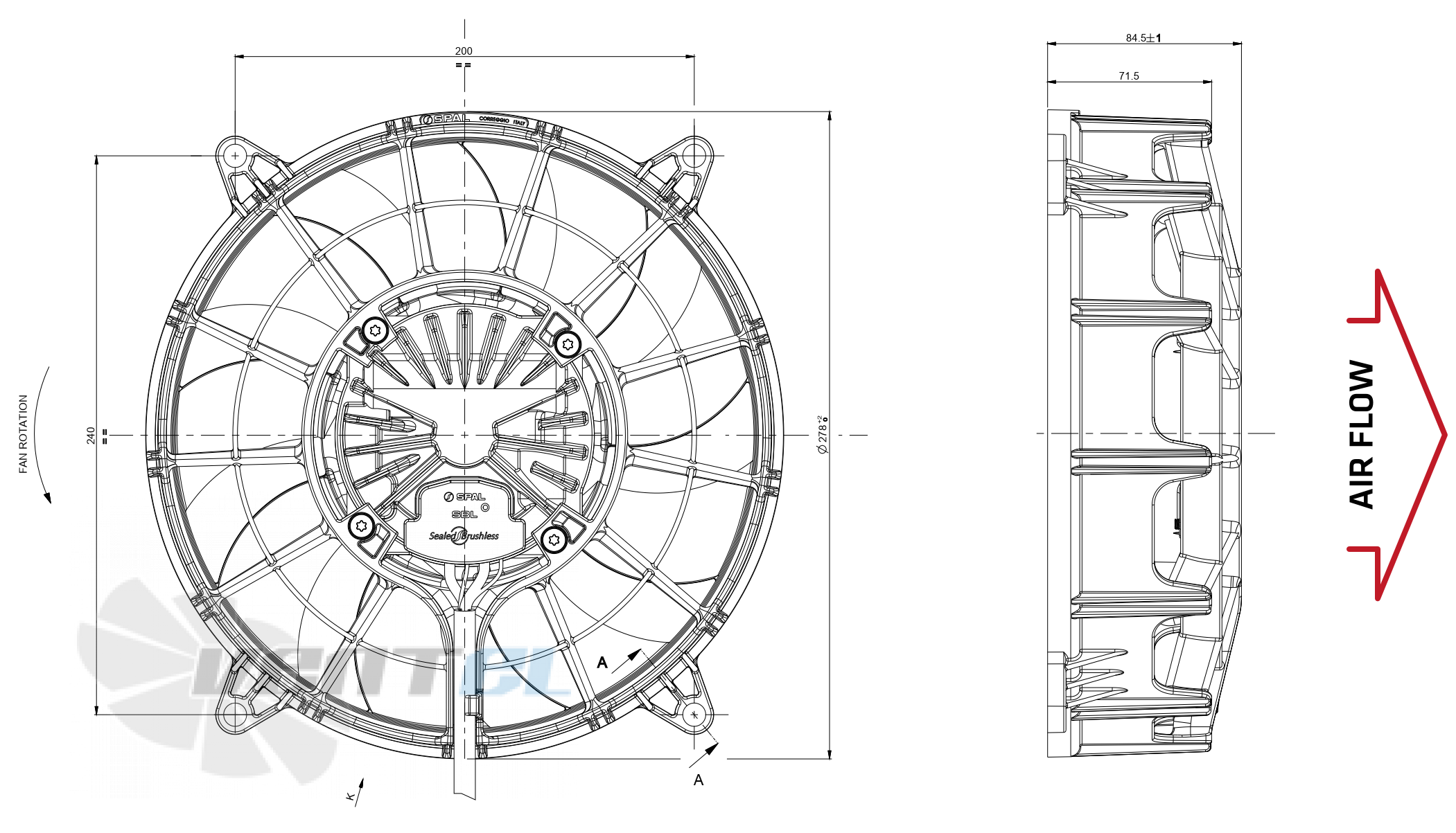 Габаритные и присоединительные размеры Spal VA109-ABL321P/R/A/N-109A/SH