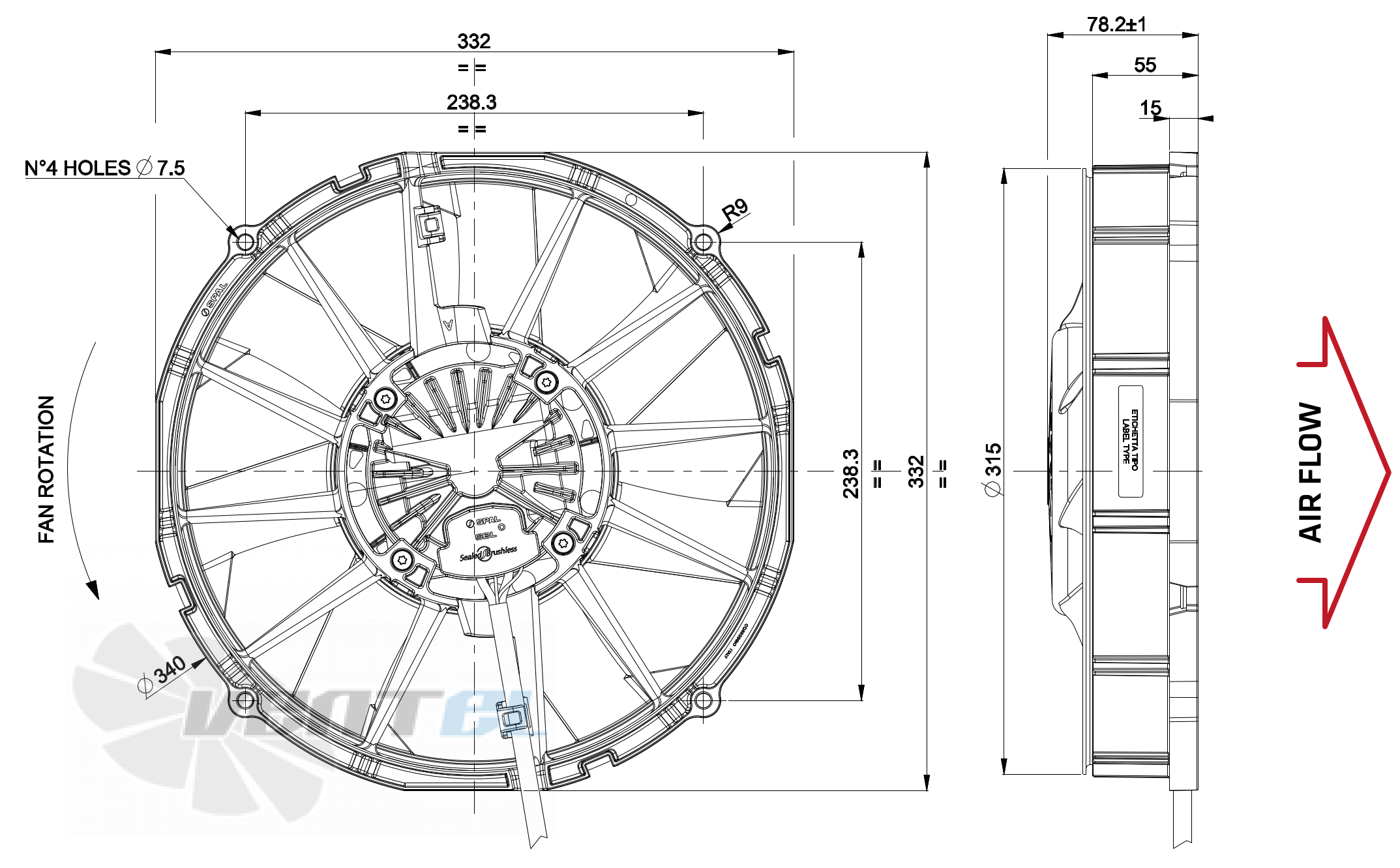 Габаритные и присоединительные размеры Spal VA113-BBL504P/R/A/N-94A
