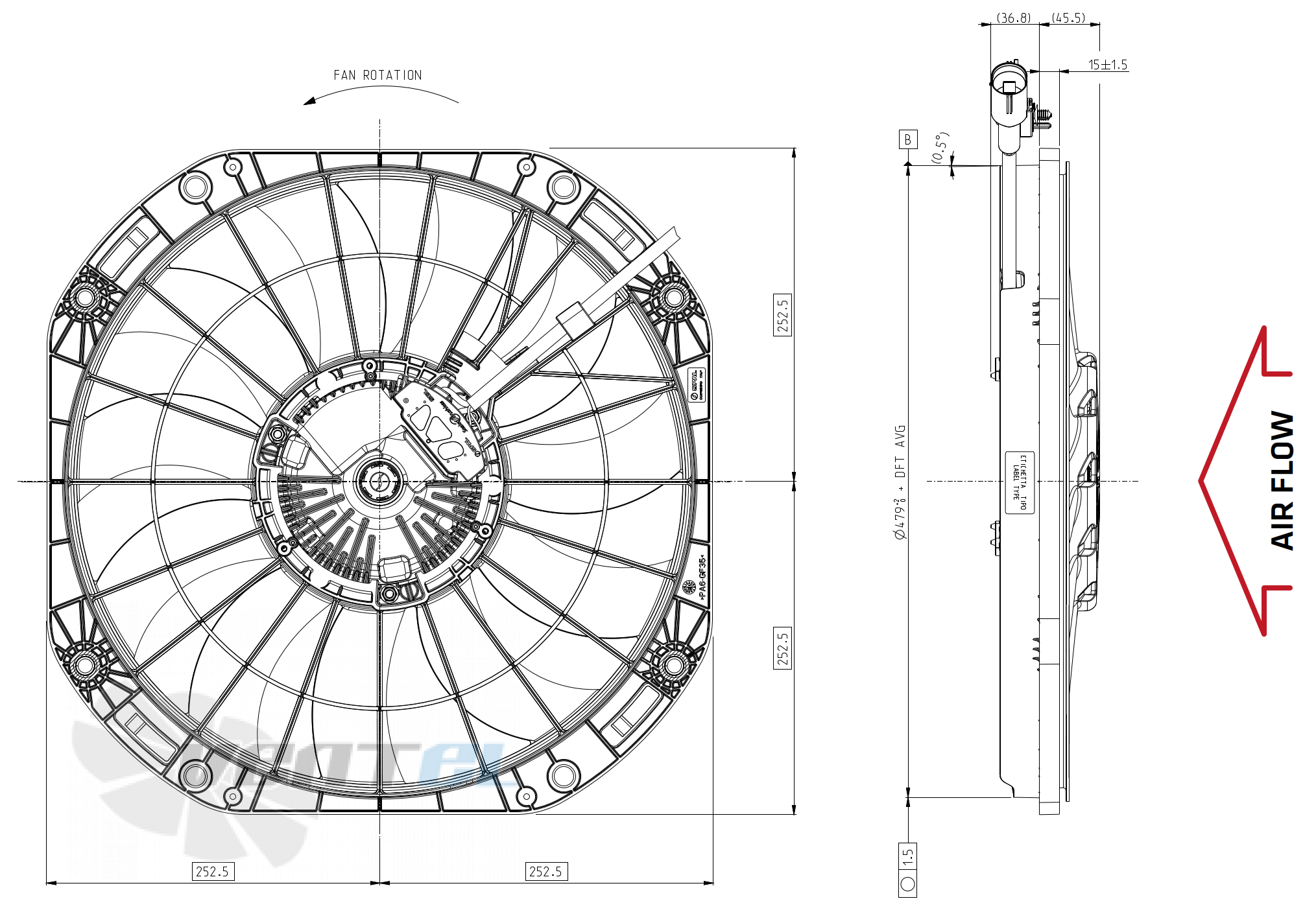 Габаритные и присоединительные размеры Spal VA164-ABL806HT/R-116A