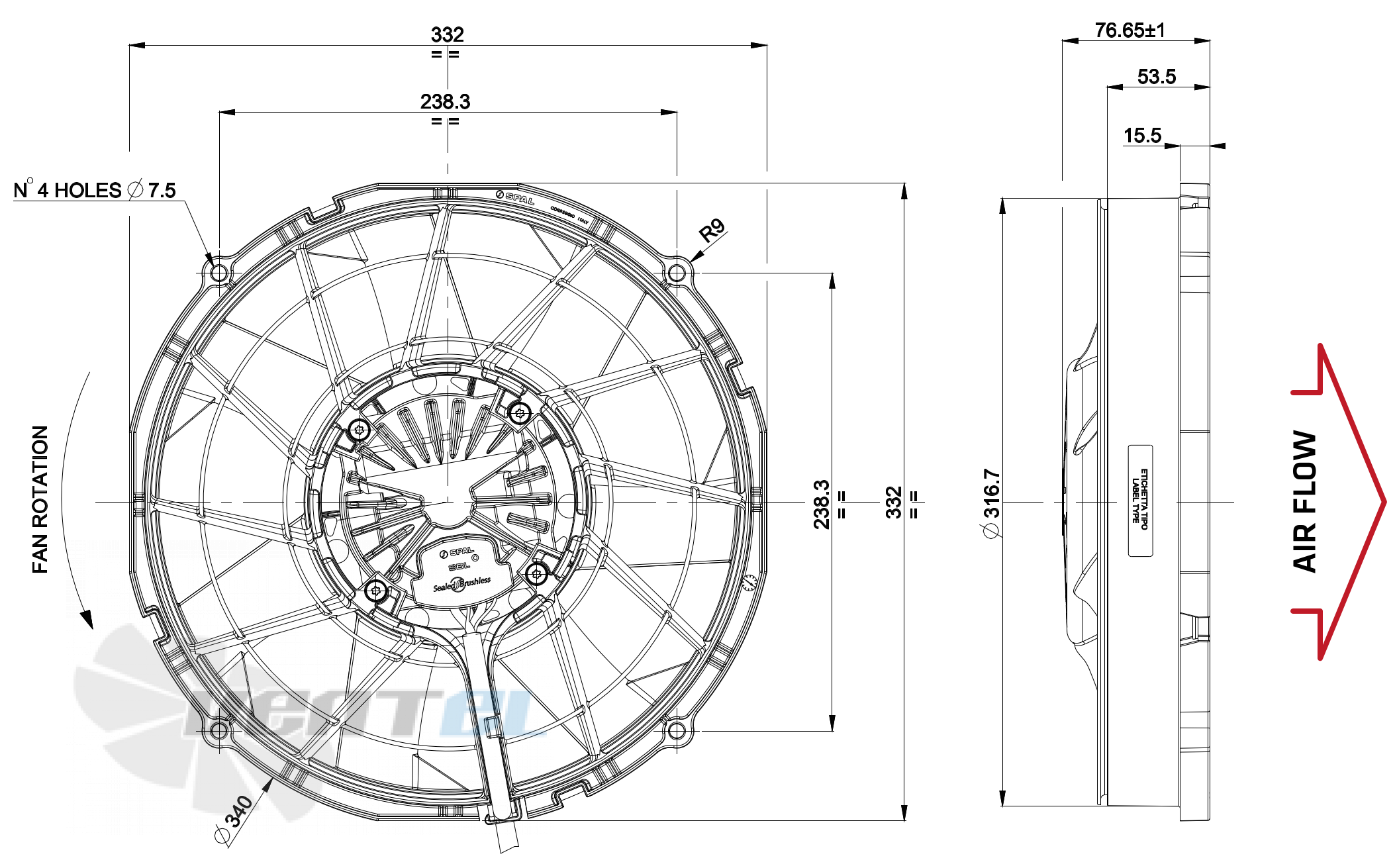 Габаритные и присоединительные размеры Spal VA89-ABL320P/R/A/N-94A