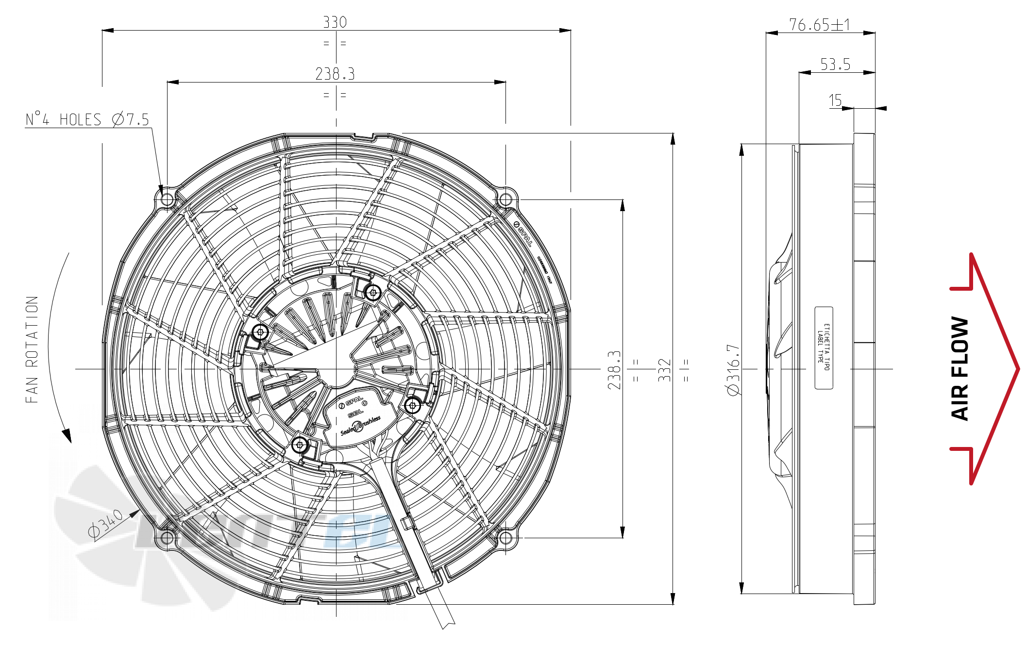 Габаритные и присоединительные размеры Spal VA90-ABL320P/R/A/N-94A