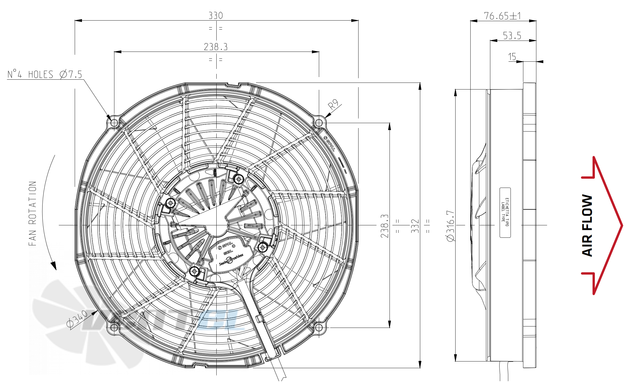 Габаритные и присоединительные размеры Spal VA90-BBL338P/R/A/N-94A