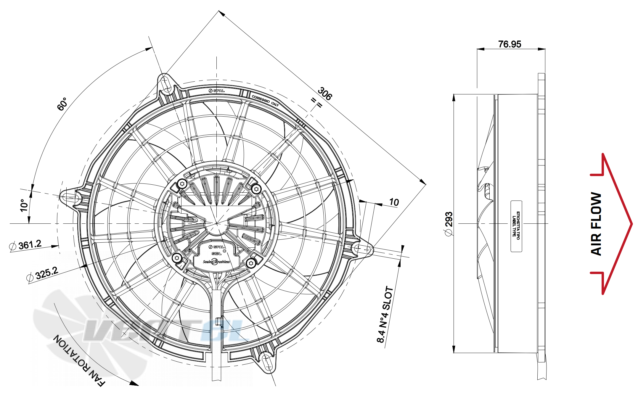 Габаритные и присоединительные размеры Spal VA99-BBL324P/R/A/N-101A/SH