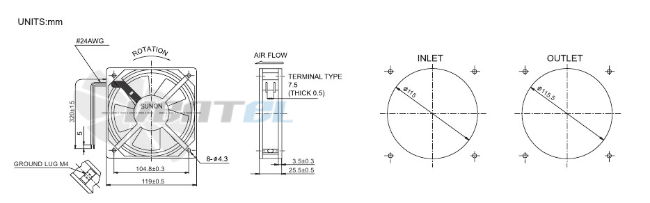 Габариты Sunon DP201AT 2122HBT 120х120х25