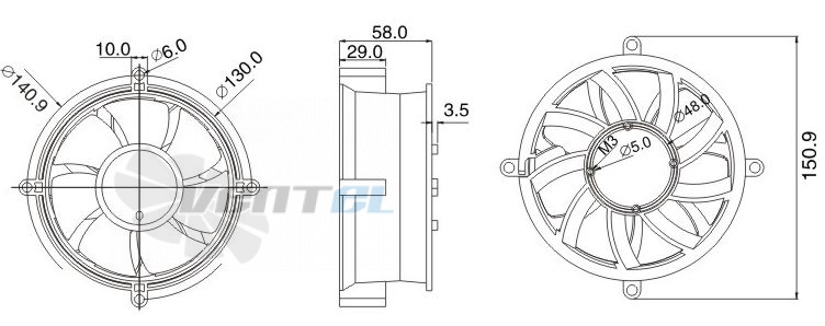 Габаритные размеры Toyon TD1305812LB-S 130x130x58 компактный DC