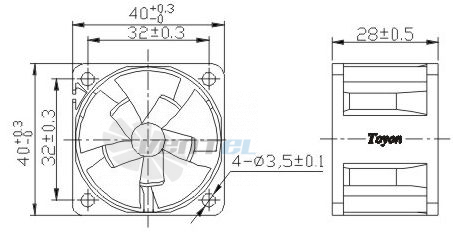 Габаритные размеры Toyon TD402812M 40x40x28 компактный DC