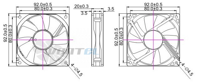 Габаритные размеры Toyon TD902018H 92x92x20 компактный DC