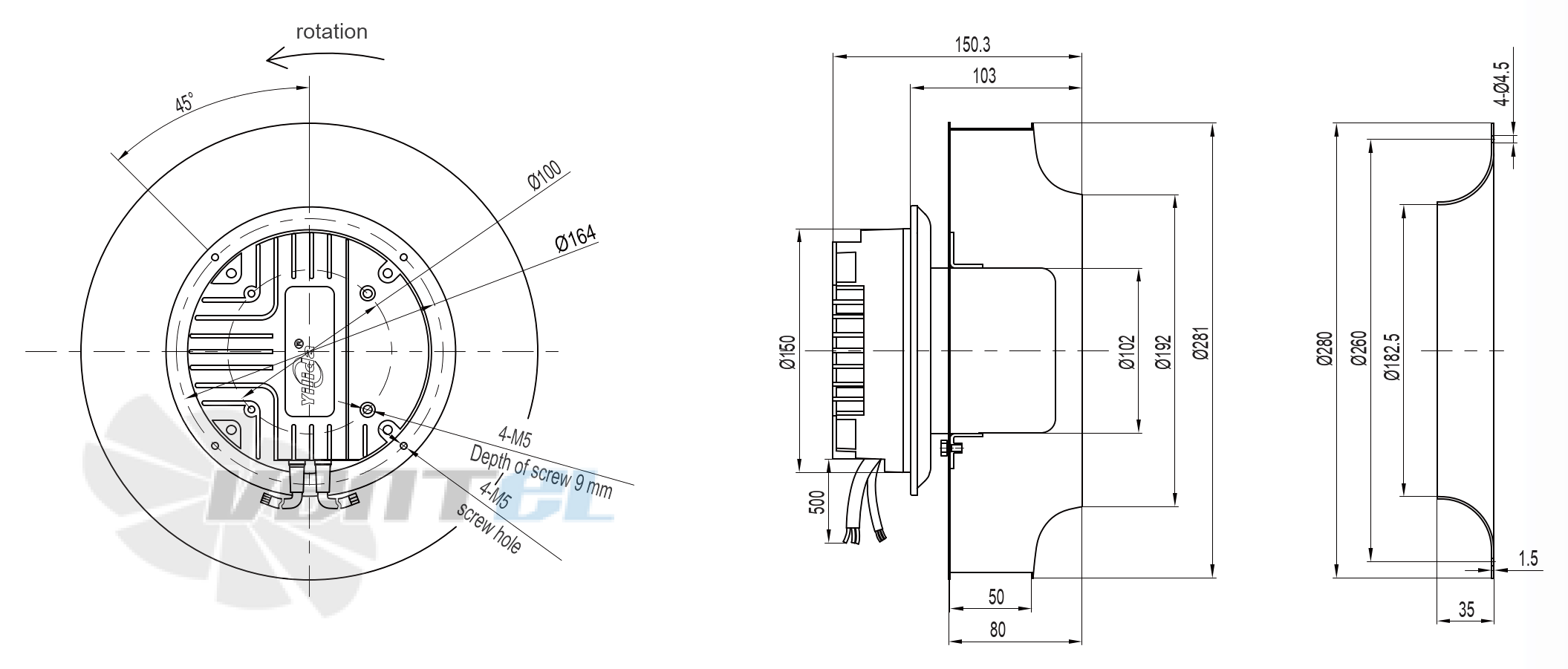 Габаритные и присоединительные размеры YUWB280AR-EAOB45