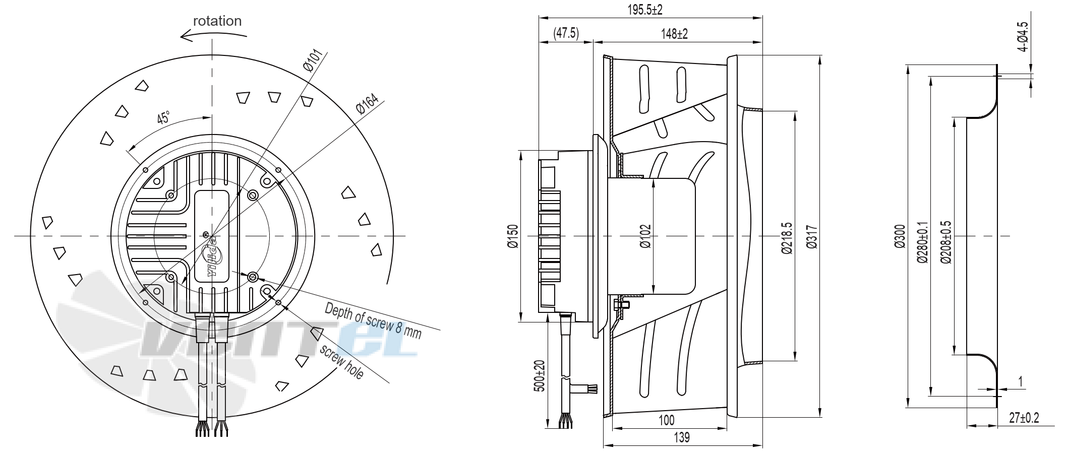 Габаритные и присоединительные размеры YUWB310AR-EAOB50