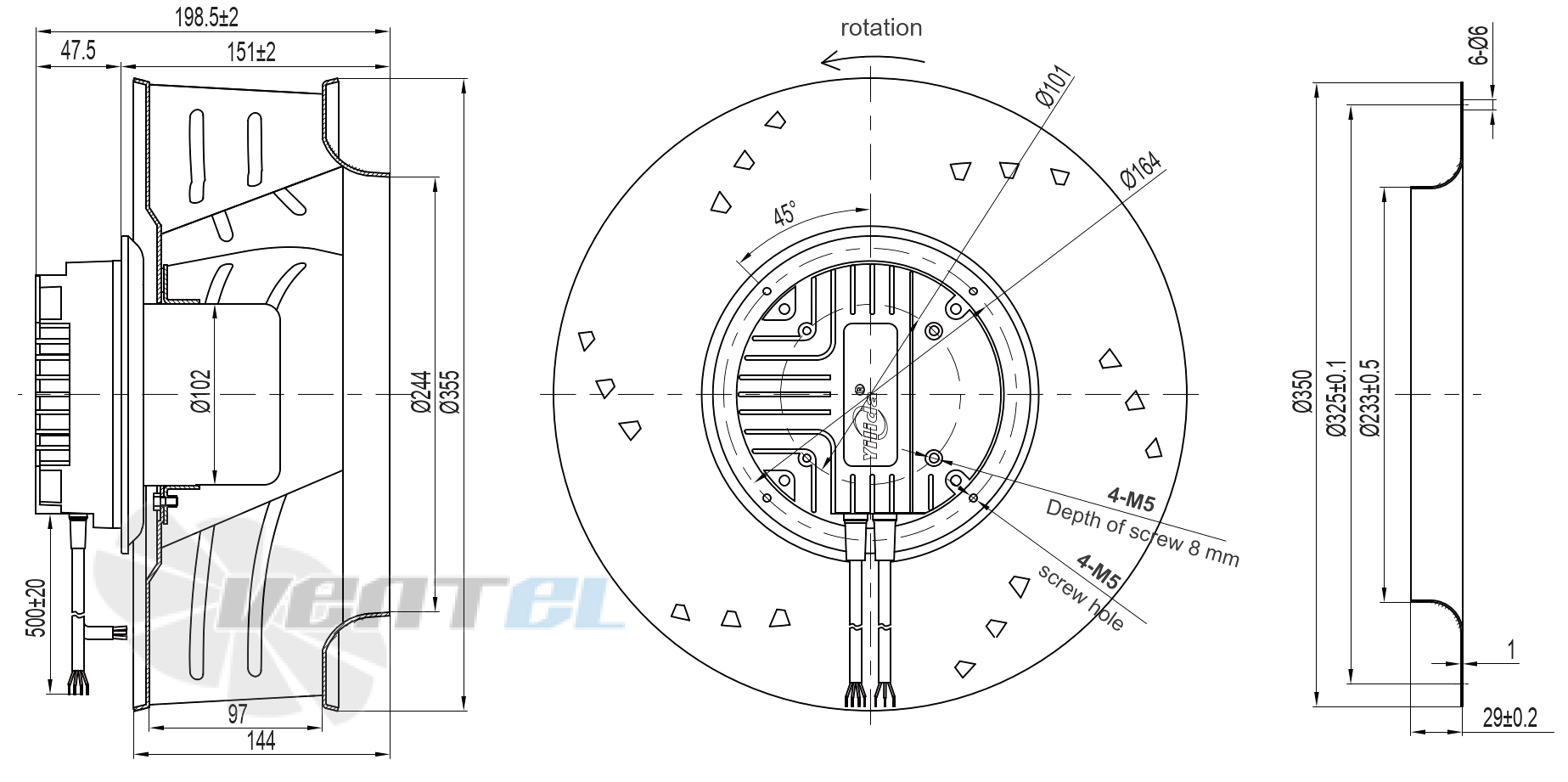 Габаритные и присоединительные размеры YUWB355AR-EAOB50