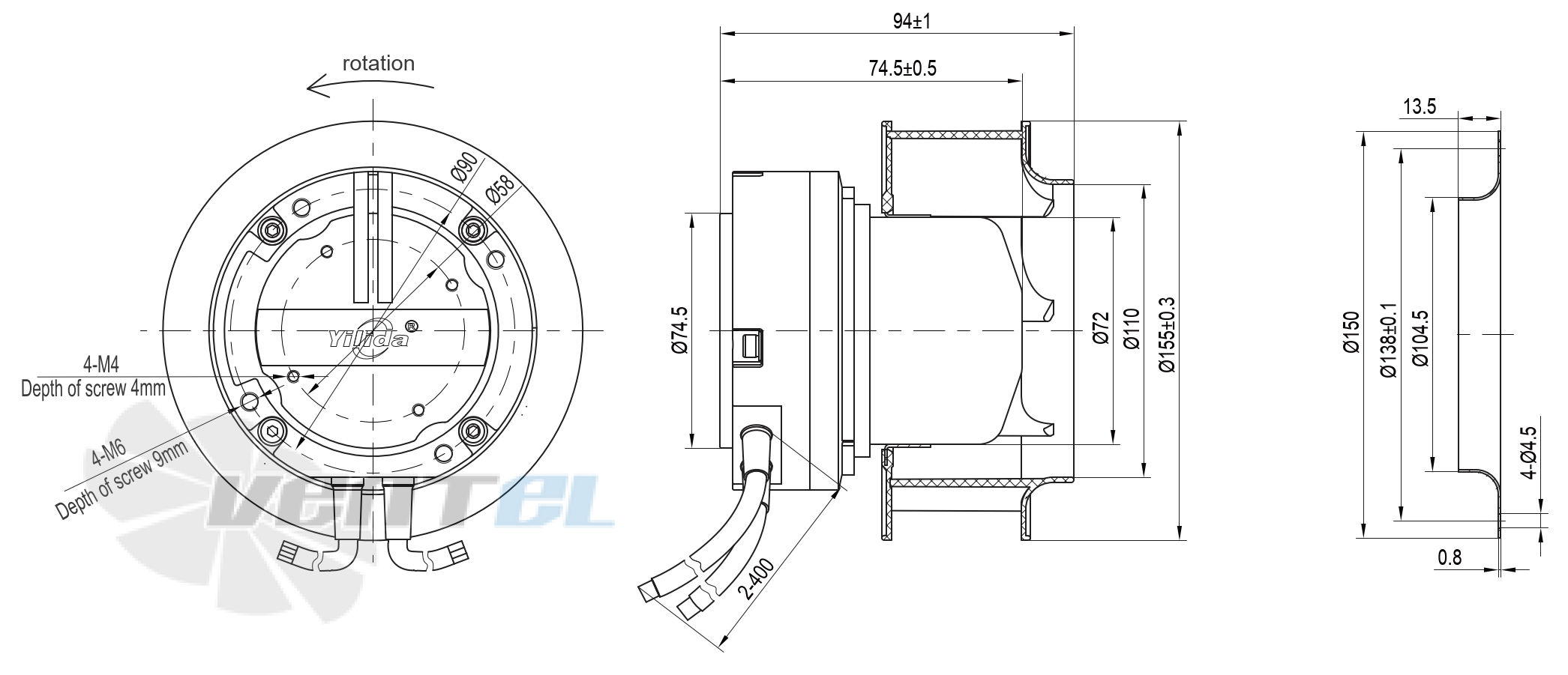Габаритные и присоединительные размеры YUWE175R-EOGB50