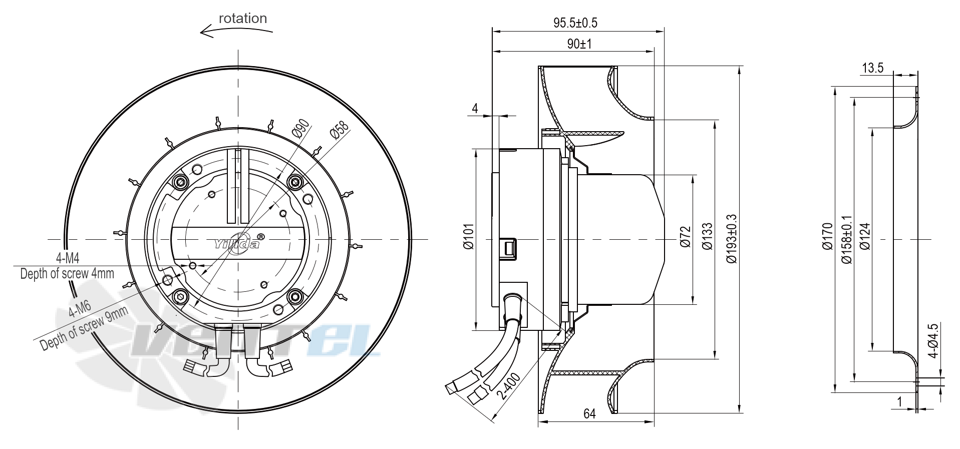 Габаритные и присоединительные размеры YUWE190R-EOGB70